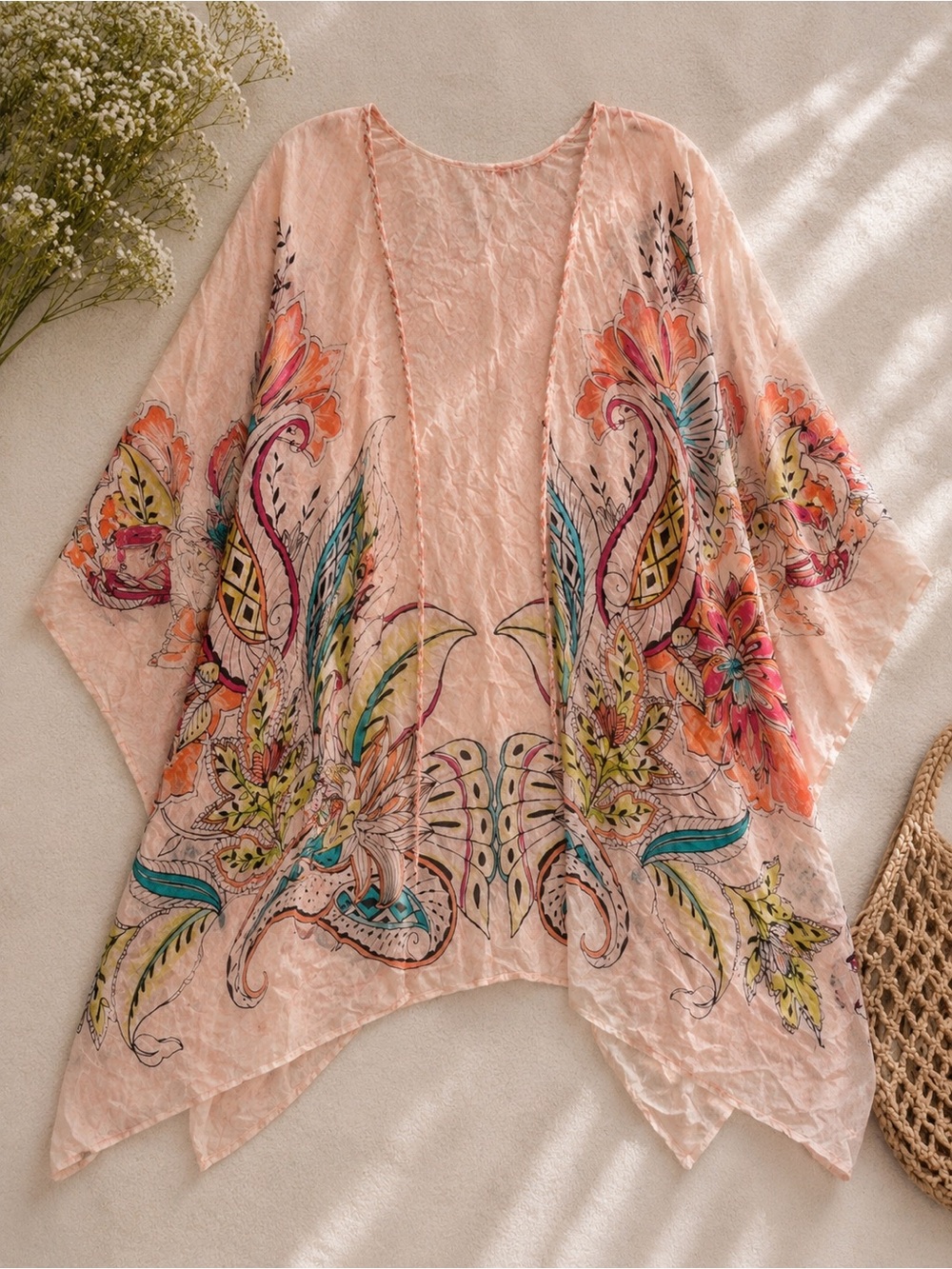 Chico's Paisley Silk Blend Kimono Cover Up Open Cardigan